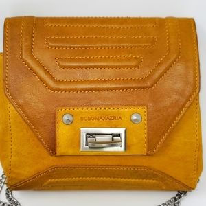BCBGMaxAzria GOLDEN Distressed Mustard Tan Butter Leather 3 in 1 Bag With Chain